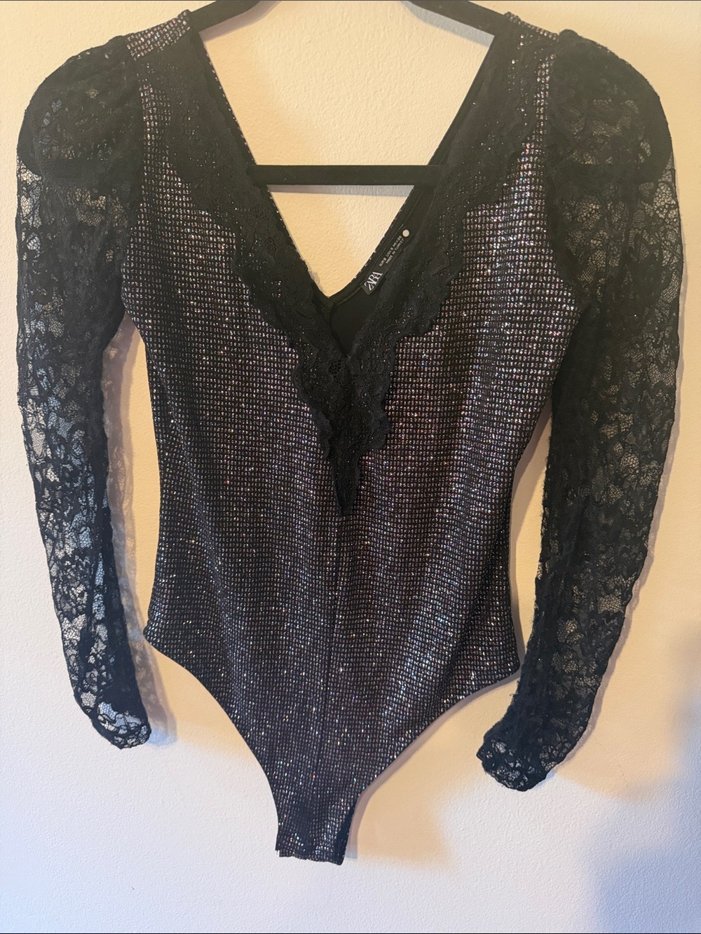 Zara Black Lace & Shimmer V-Neck Long-Sleeve Bodysuit